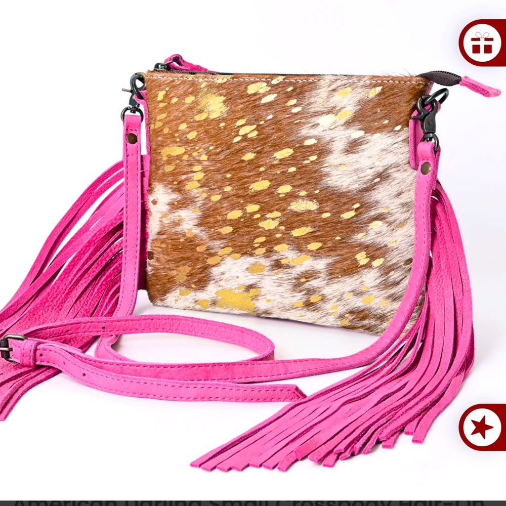 American Darling Pink Cow Hide Fringe Leather Western Boho Crossbody Bag